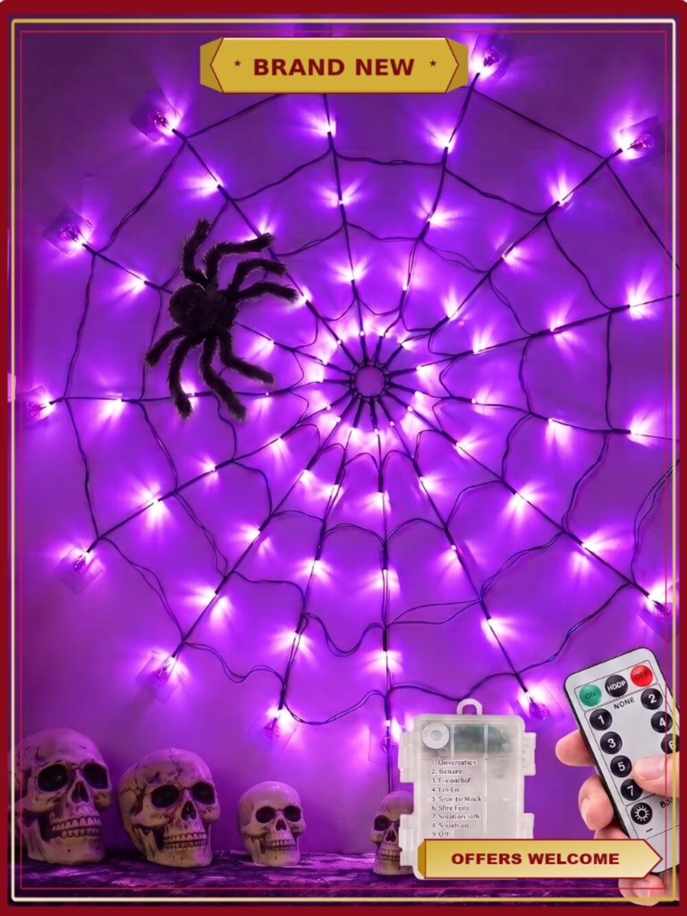 Halloween Spider Web Lights 4FT 8 Modes Net Lights Remote Control Waterproof